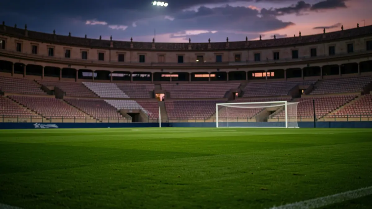 Imagen genérica de un campo de fútbol en un estadio español al atardecer.