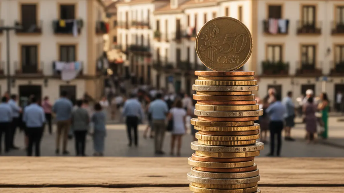Imagen genérica de monedas de euro sobre una mesa, con edificios de apartamentos al fondo, representando el aumento del precio del alquiler.