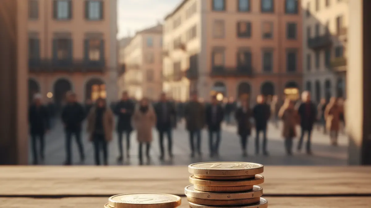 Generic image of coins on a table, with blurred apartment buildings in the background.