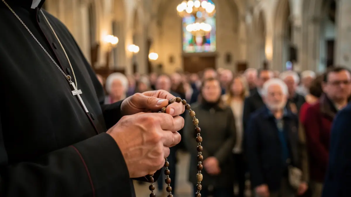 Generic image of a bishop's hands holding a rosary inside a church.
