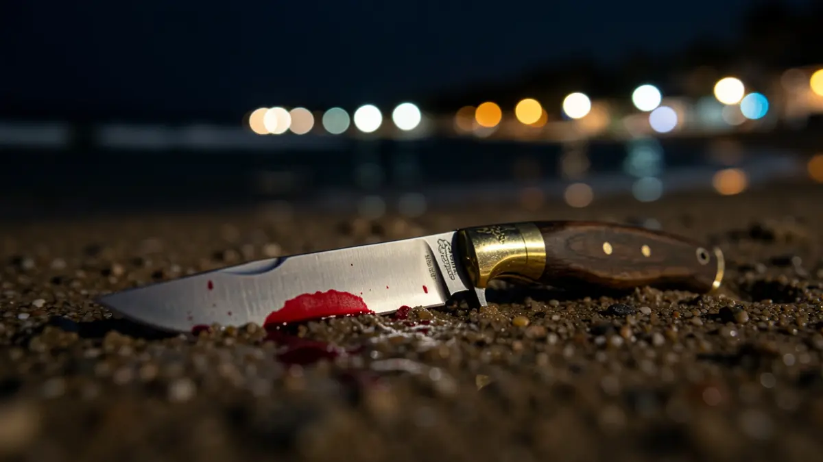 Primer plano de una navaja con una gota de sangre sobre arena mojada, con luces de playa borrosas al fondo.