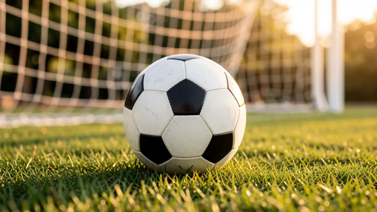Imagen genérica de un balón de fútbol sobre el césped con una portería desenfocada al fondo.
