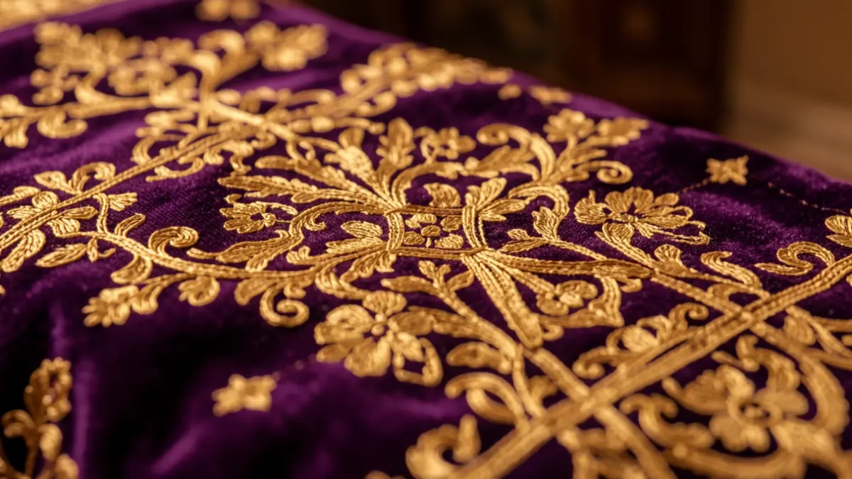Detalle de bordados en oro sobre terciopelo morado en una túnica procesional.
