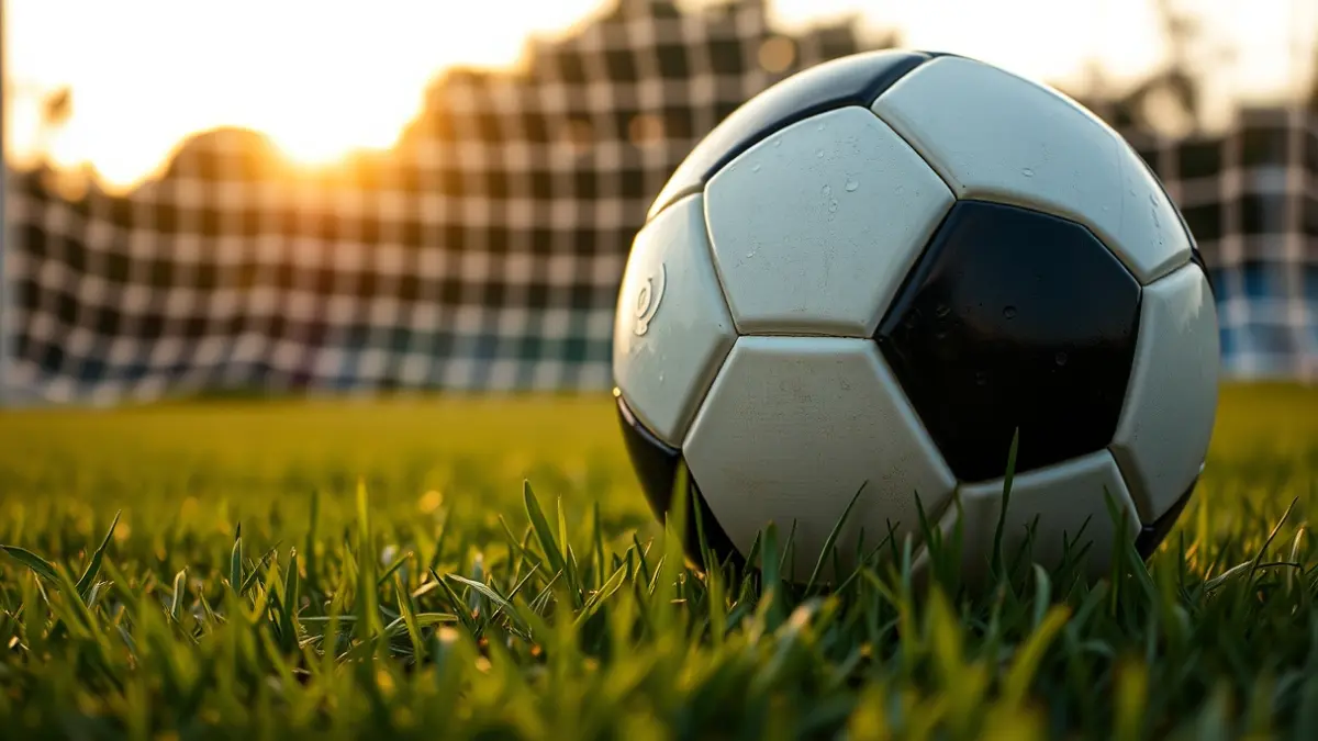 Generic image of a soccer ball on a stadium pitch, with a blurred goal net in the background.