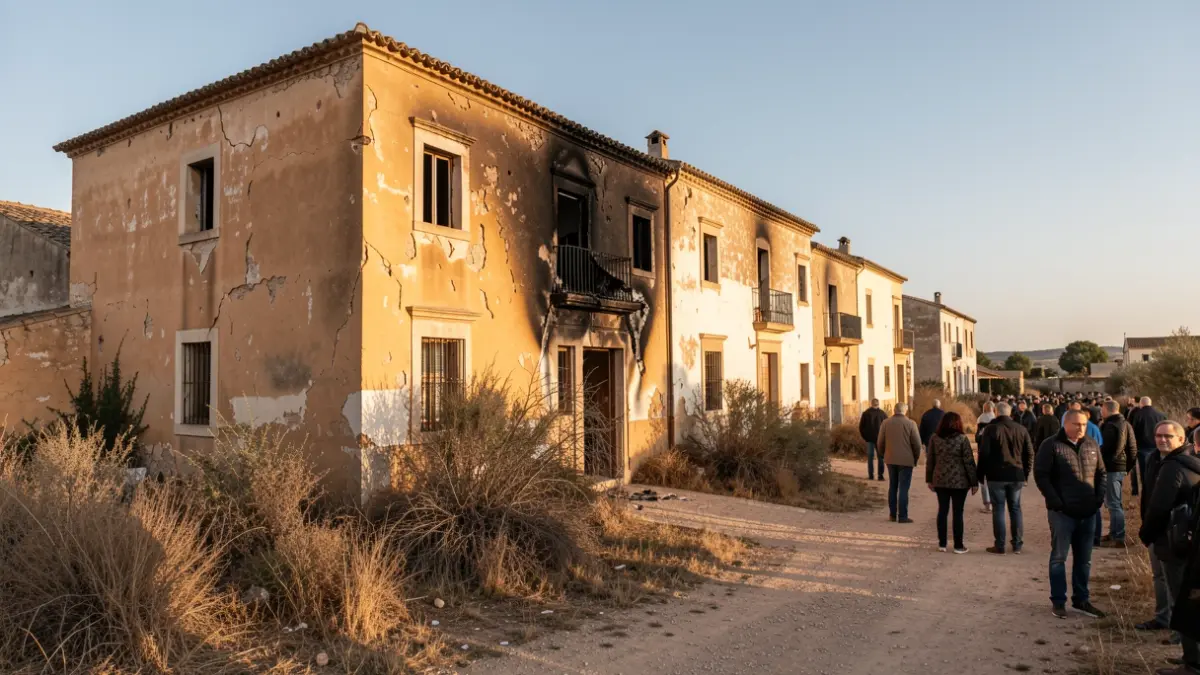 Fachada de un cortijo histórico en Almería con daños por incendio.