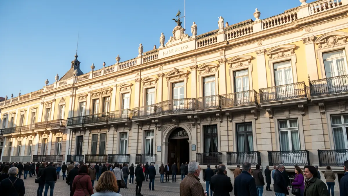 Fachada del Ayuntamiento de Cádiz con balcones ornamentados y barandillas de hierro, bajo la luz cálida de la tarde y cielo azul.