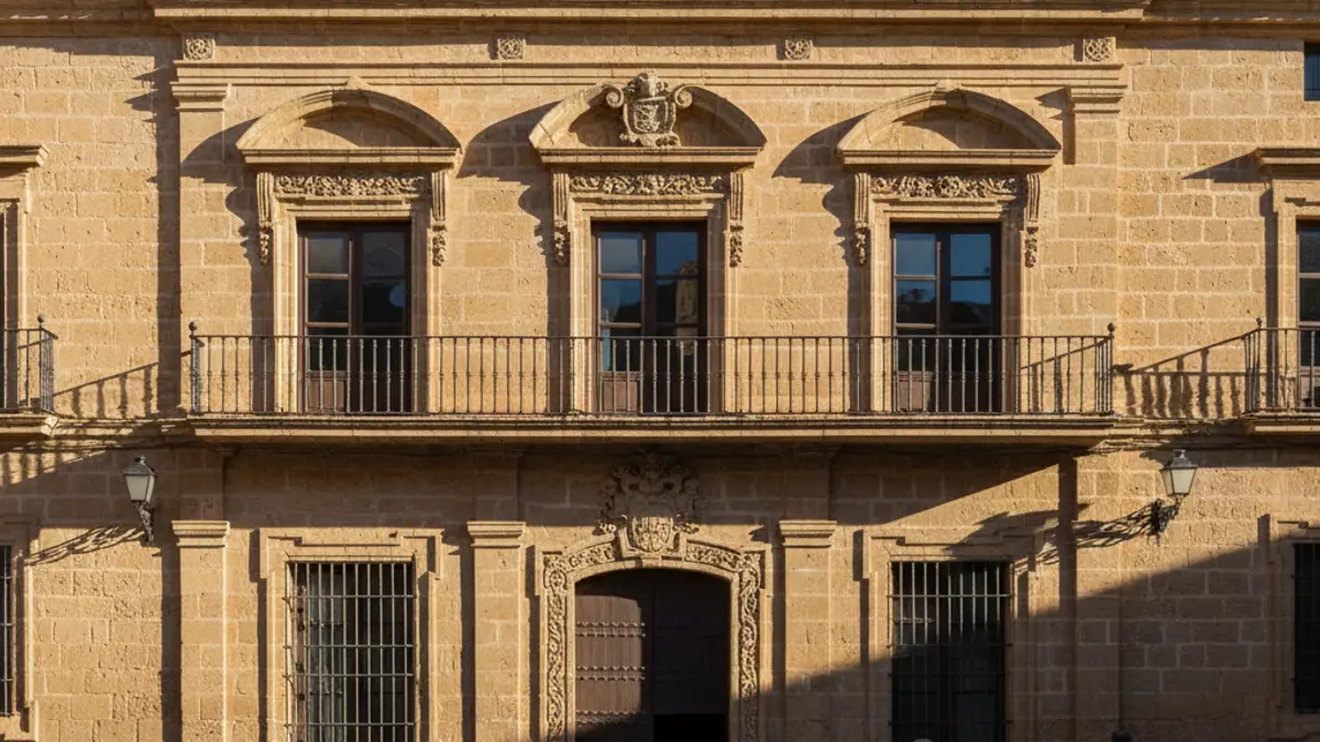 Facade of Cádiz City Council, with its balcony and iron railings, under the afternoon sun.