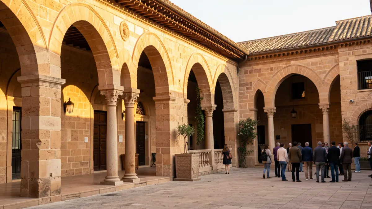 Detalle arquitectónico de las Caballerizas Reales en Córdoba con luz de atardecer.