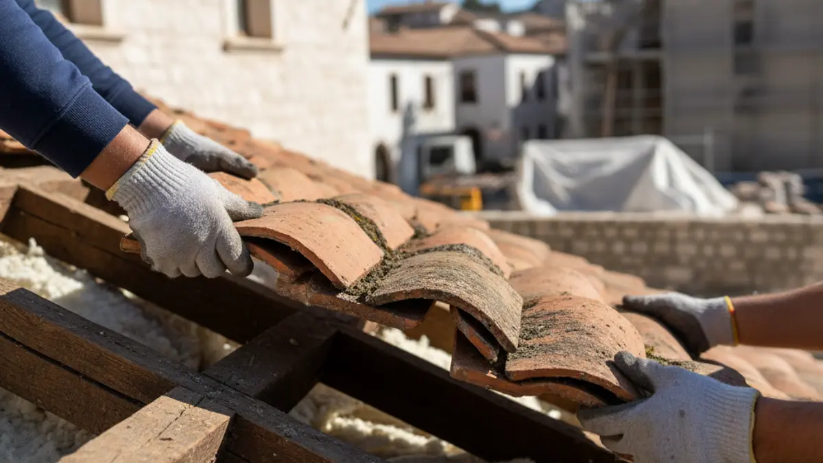 Rehabilitation work on the roof of a historic building.
