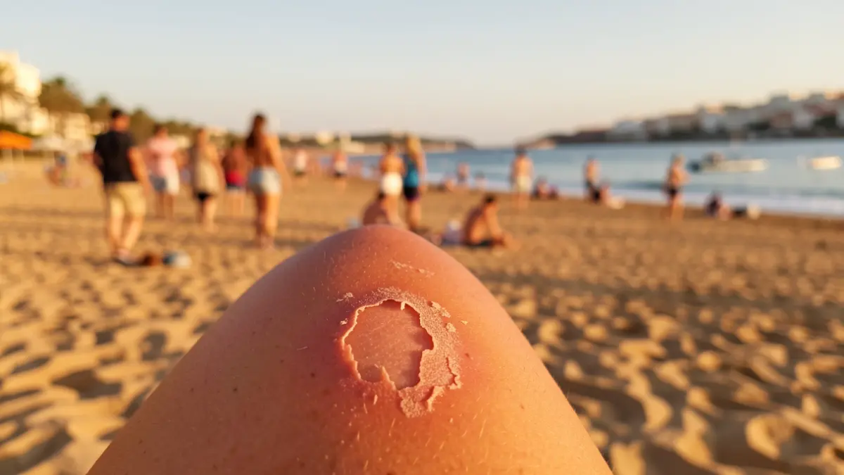 Primer plano de piel quemada por el sol con descamación, con un fondo borroso de playa soleada en Andalucía.
