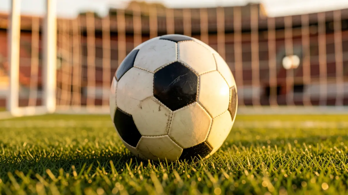 Generic image of a soccer ball on grass in a stadium.