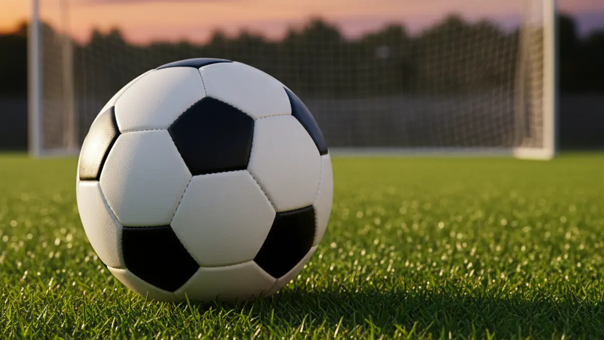 Generic image of a soccer ball on the grass, with a blurred goal in the background.