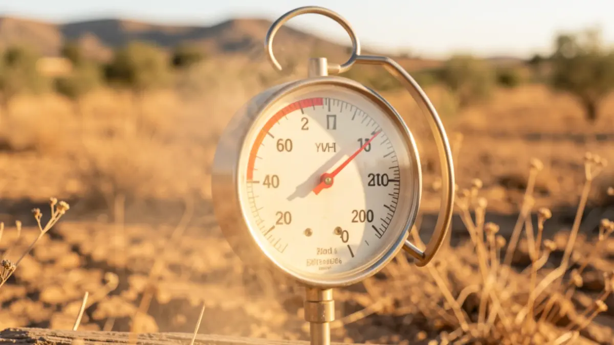 Thermometer showing extreme temperatures in a Spanish landscape.