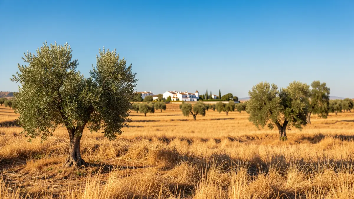 Generic image of the Andalusian rural landscape with dry fields and blue sky.
