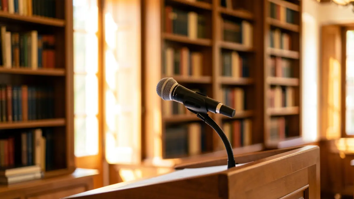 Generic image of a podium with a microphone in an institutional setting.