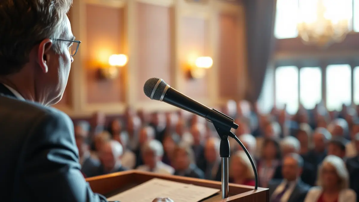 Imagen genérica de un micrófono en un atril, simbolizando un discurso político.