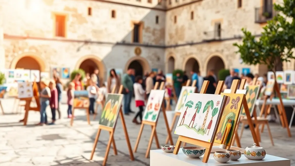 Children's art exhibition in the courtyard of Santa Ana Castle in Roquetas de Mar.
