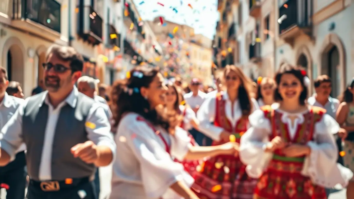 Image of a parade of dance academies in the center of Cordoba during the May Crosses.
