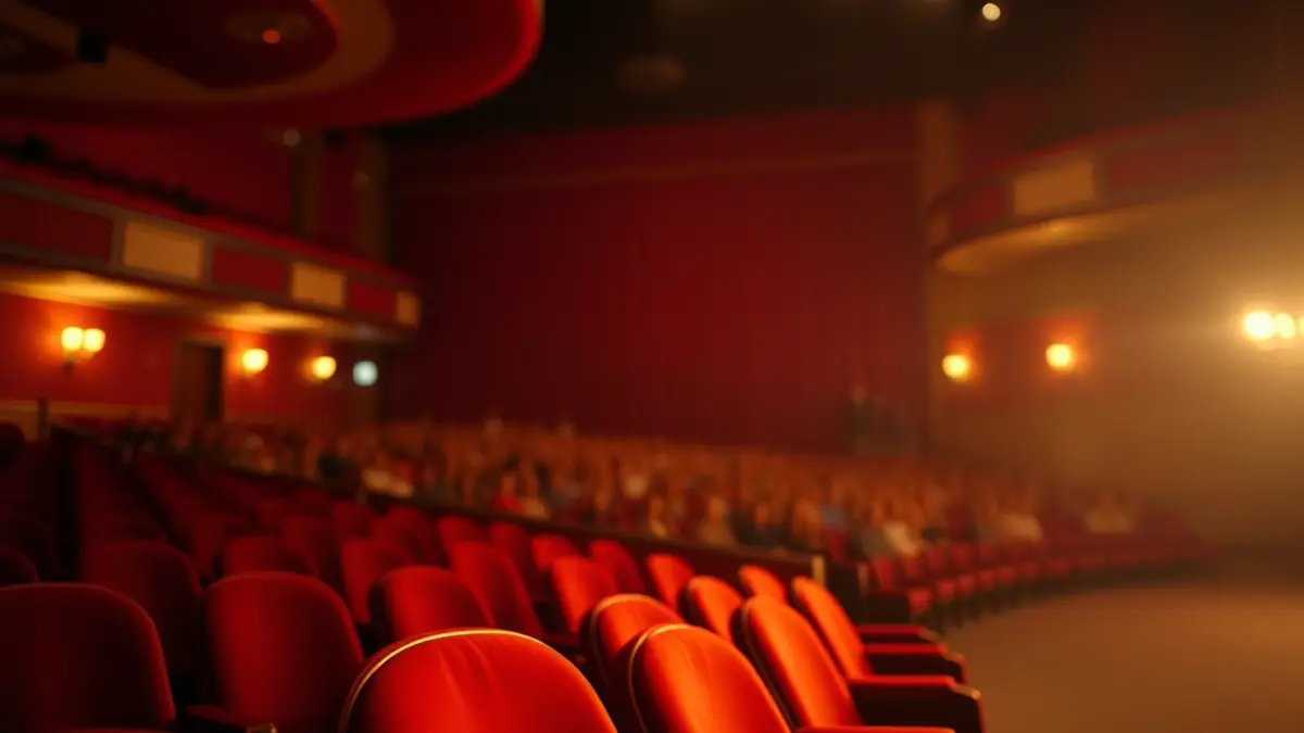 Generic image of a theater with red velvet seats and a lit stage.