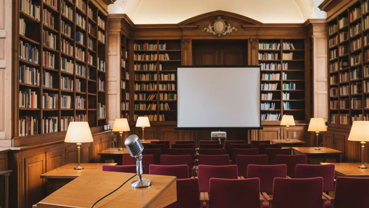 Generic image of a presentation room or library with a podium and empty chairs.