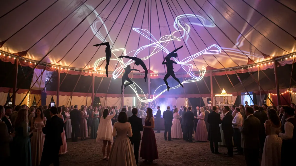 Escena mágica en el interior de una carpa de circo con acróbatas y efectos de luz.