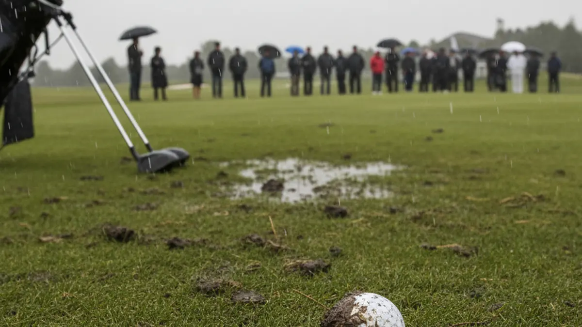 Generic image of a golf ball on a wet course under rain.