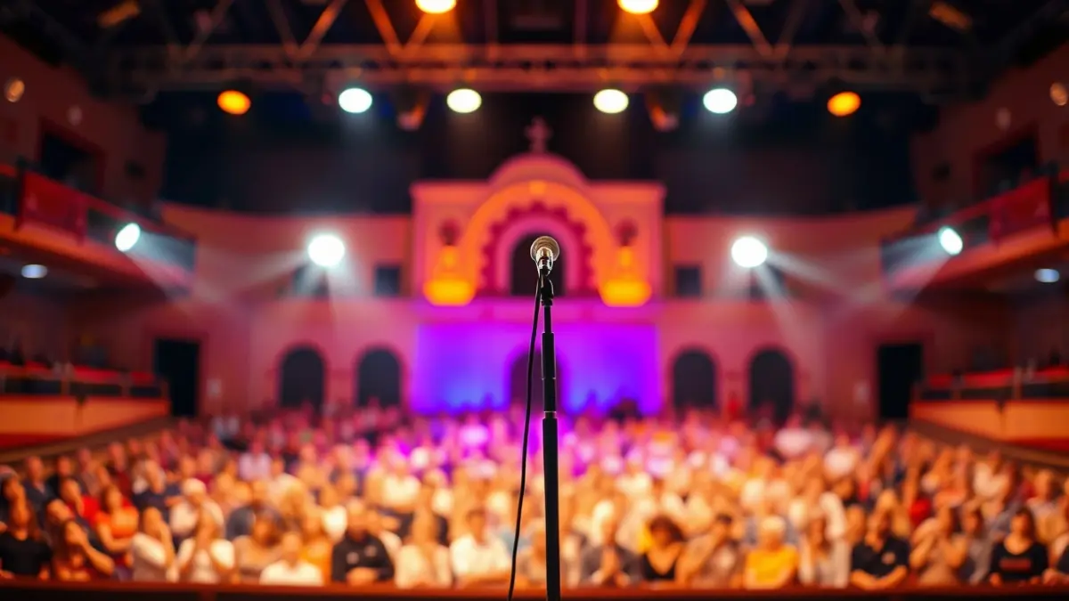 Generic image of a stage with spotlights and a microphone, ready for a cultural show.