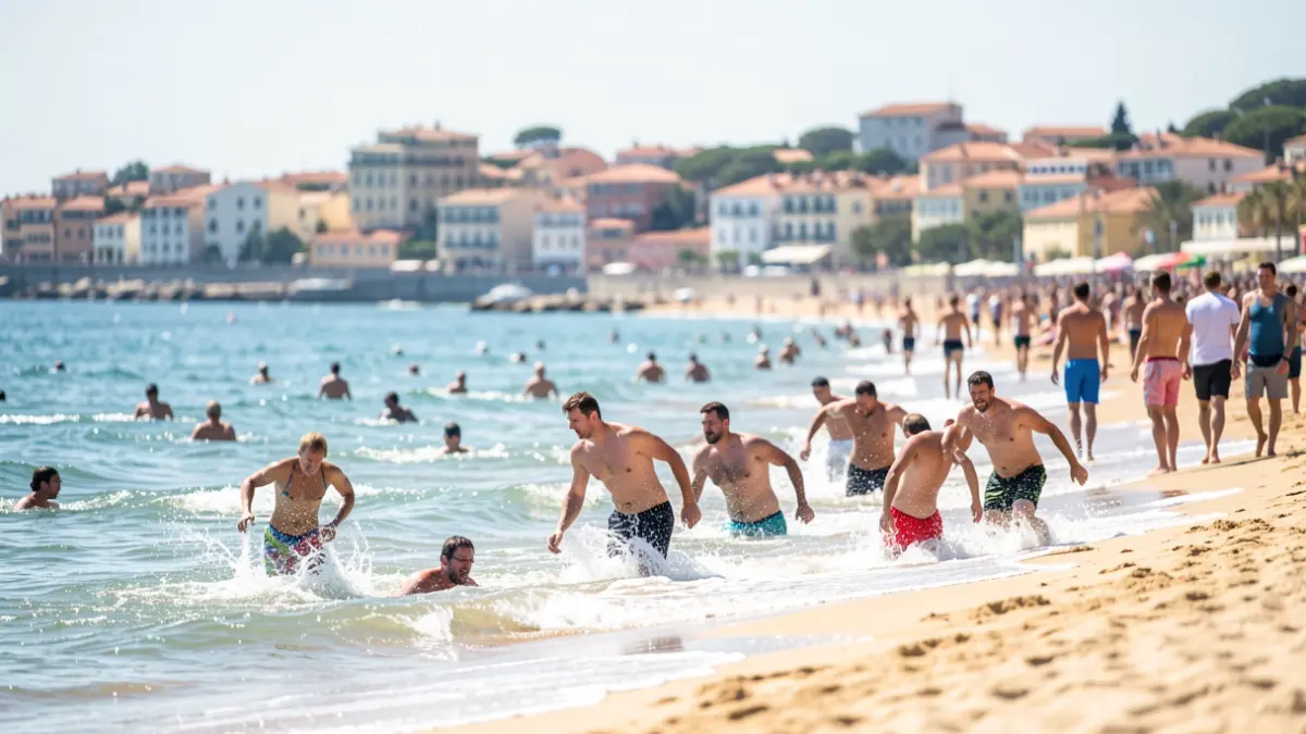 Generic image of swimmers exiting the sea onto a beach with a town in the background.