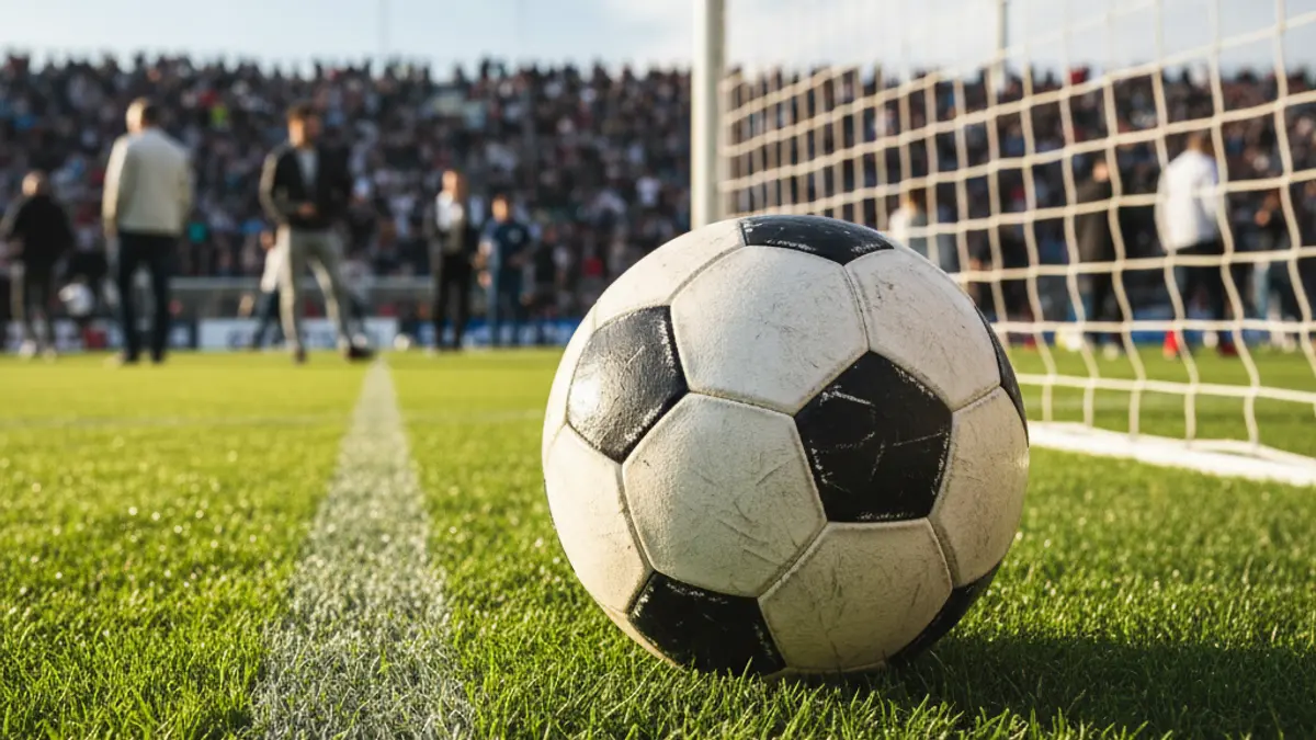 Generic image of a soccer ball on grass, with a blurred goal in the background.