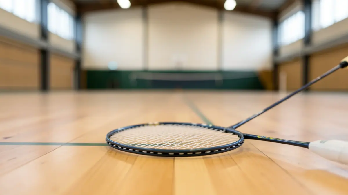 Badminton racket on a sports court.