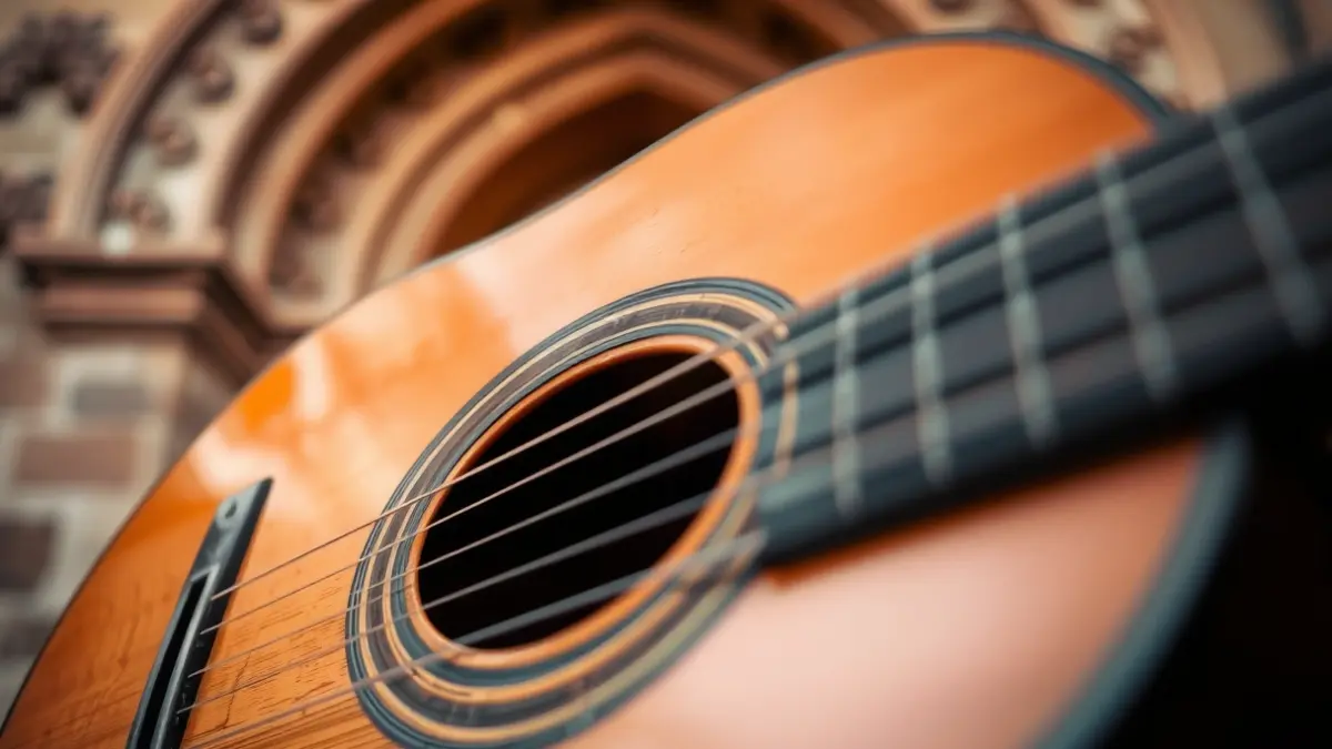 Imagen genérica de una guitarra flamenca con un fondo borroso de arquitectura árabe.