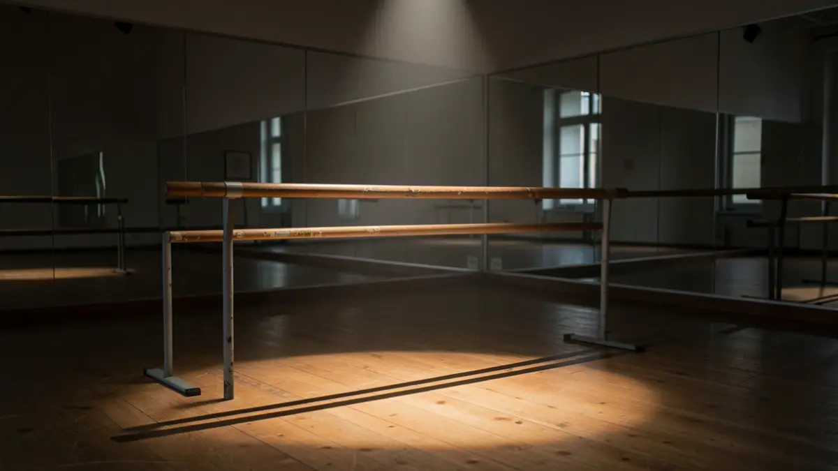 Generic image of an empty dance studio with a ballet barre illuminated by a spotlight.