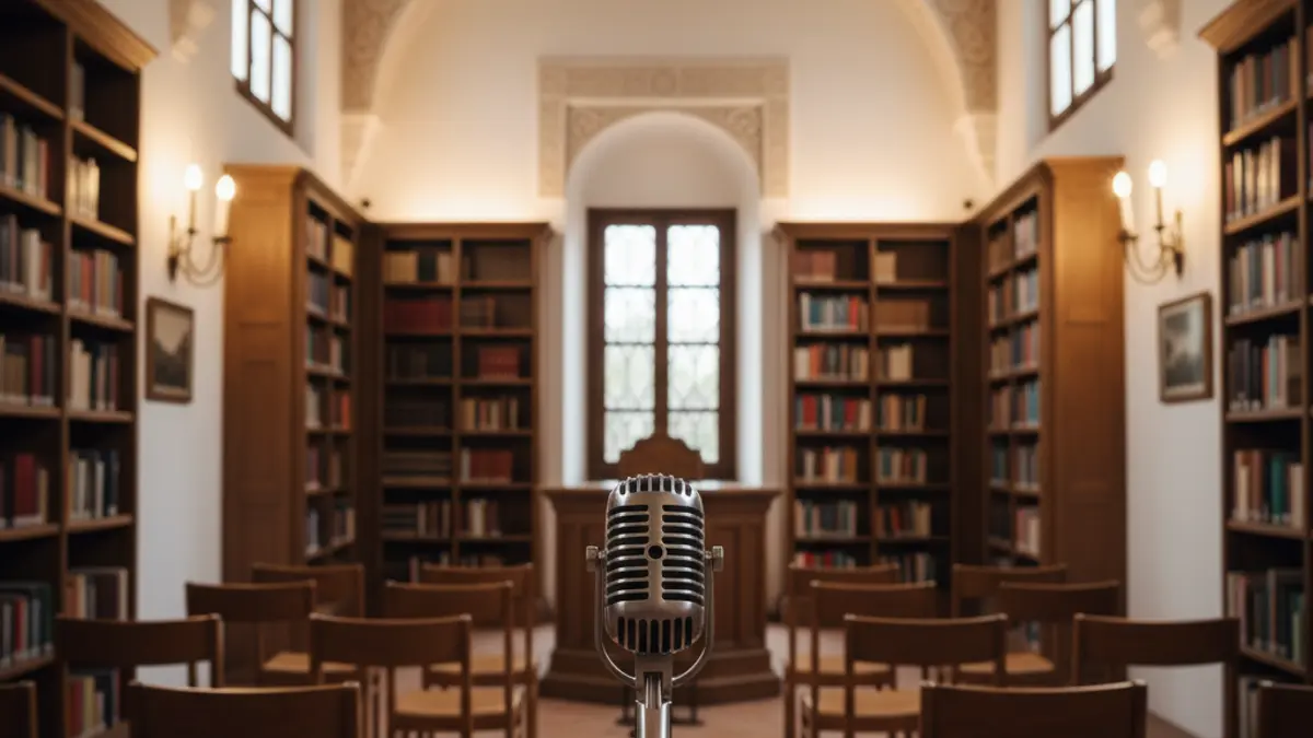Imagen genérica de un interior de conservatorio o sala de conciertos con un micrófono y sillas vacías.