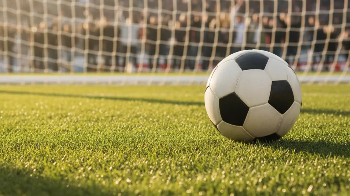 Generic image of a soccer ball on a green field, with a blurred goal net in the background.