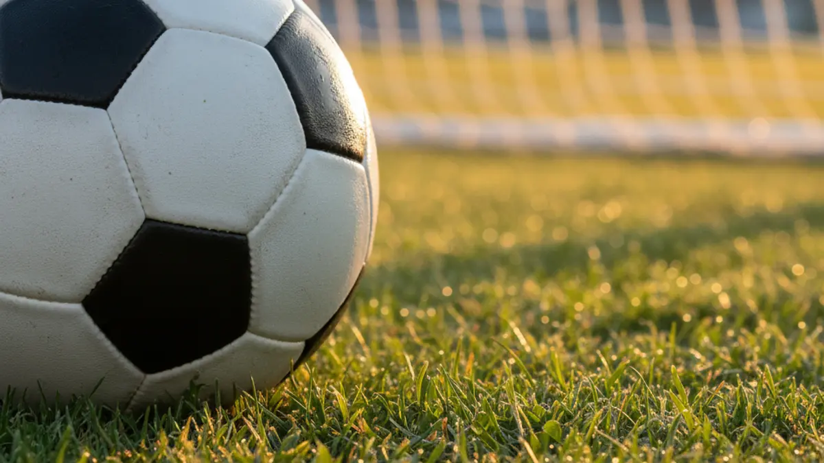 Imagen genérica de un balón de fútbol sobre el césped de un campo, con la portería desenfocada al fondo.