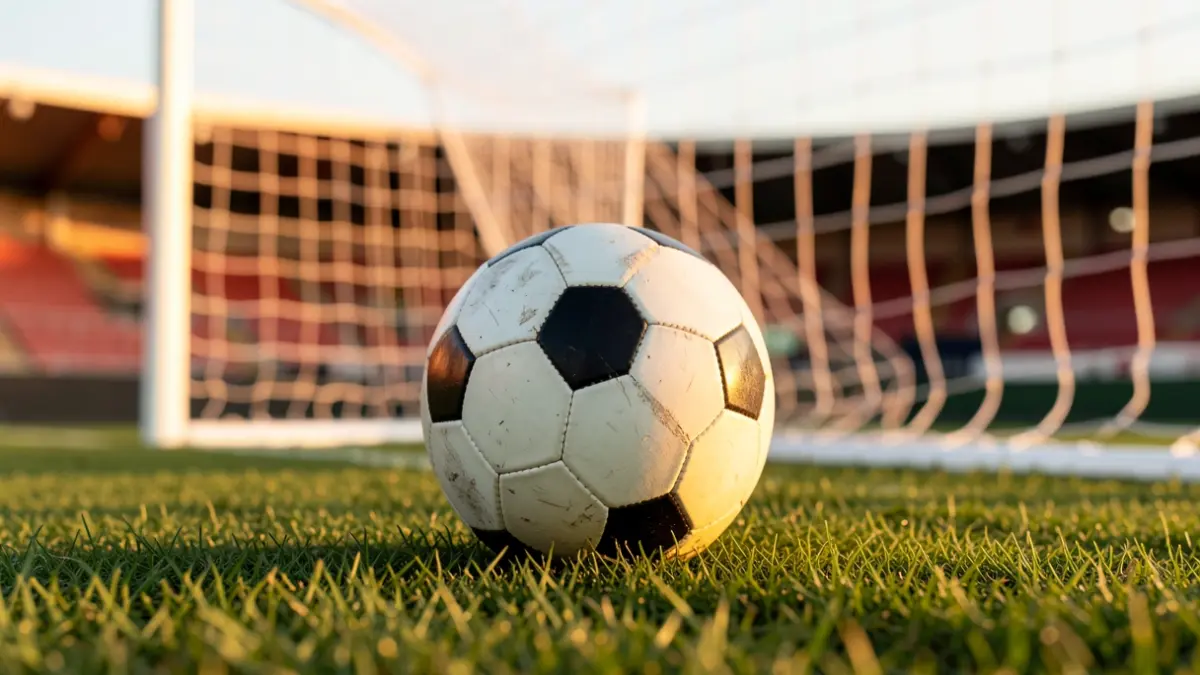 Generic image of a soccer ball on grass in a stadium.