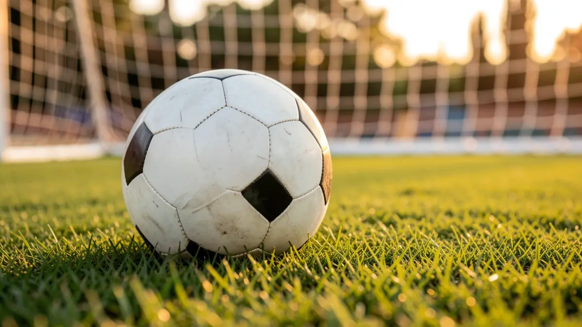 Generic image of a soccer ball on grass with the goal blurred in the background.