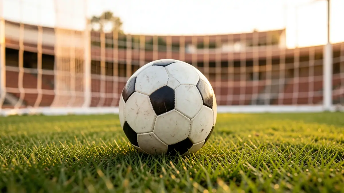 Imagen genérica de un balón de fútbol sobre césped con la red de la portería desenfocada.