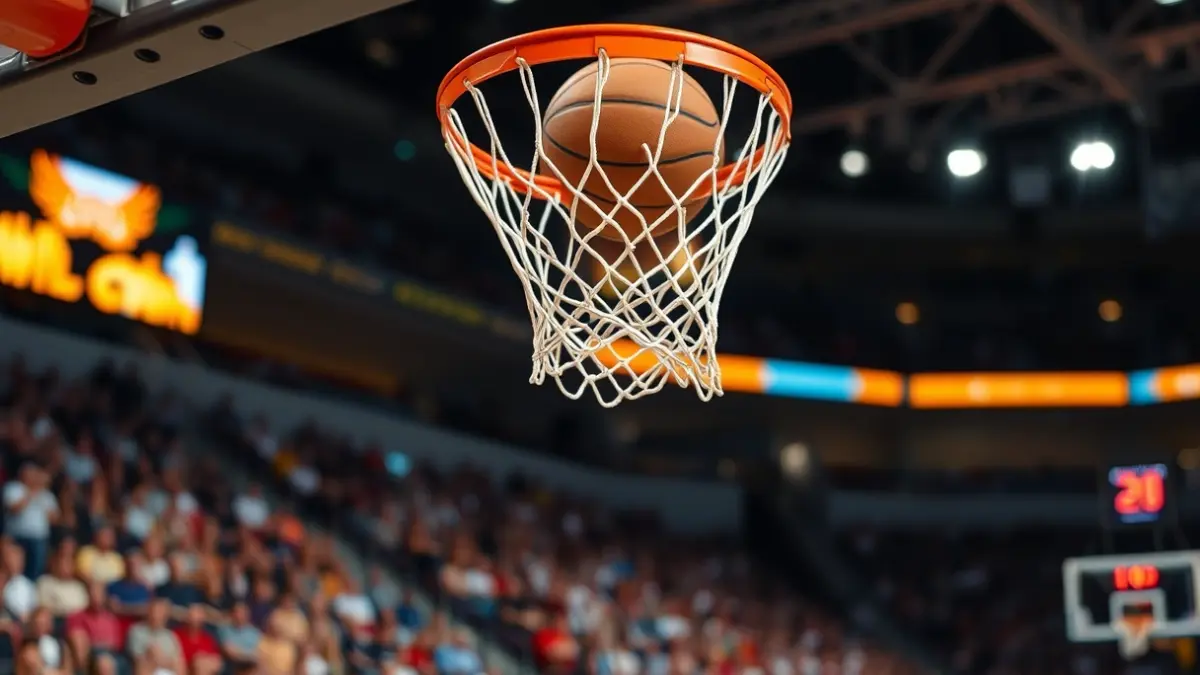Imagen genérica de una canasta de baloncesto con el balón pasando por la red, celebrando un ascenso deportivo.