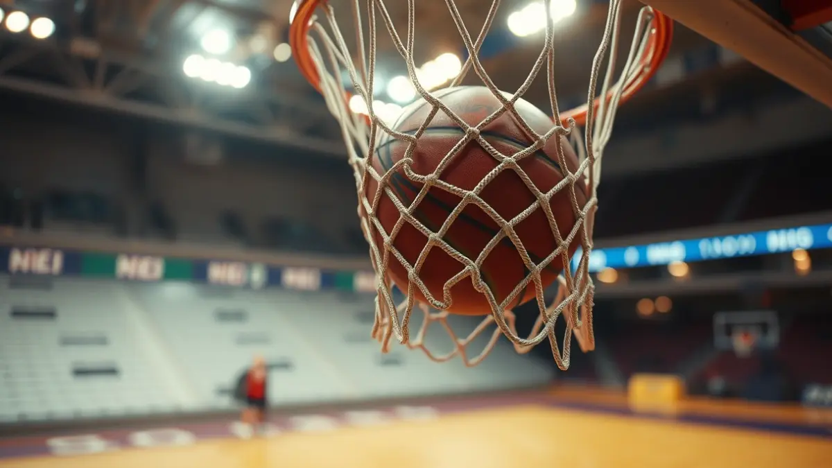 Generic image of a basketball hoop with the ball going through the net.