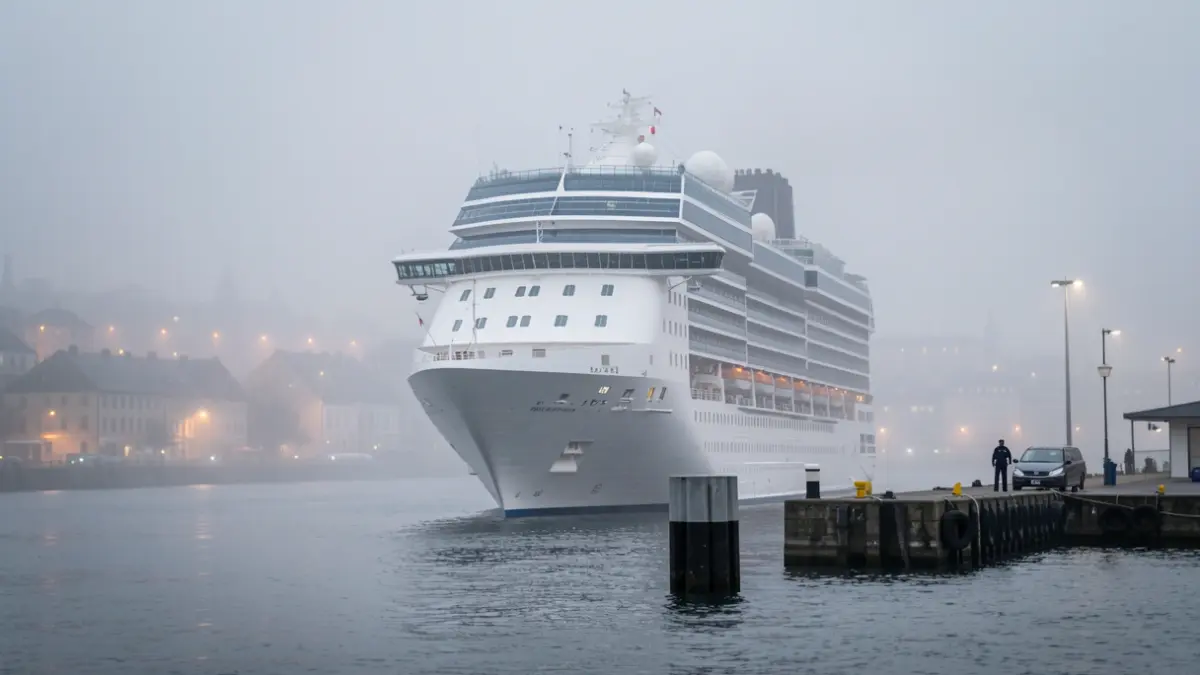 Generic image of a cruise ship docked in a harbor with fog and drizzle.