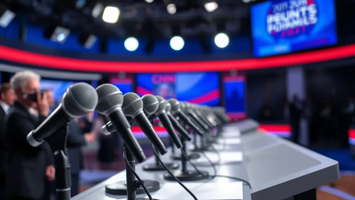 Generic image of a podium with microphones in a television studio, symbolizing a political debate.