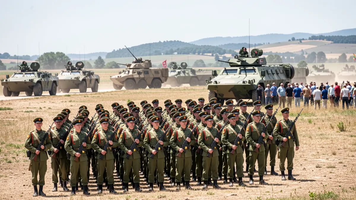 Imagen de soldados de la Legión Española en formación durante un ejercicio militar de la OTAN en un paisaje europeo.