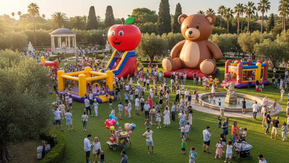 Image of a family event with giant inflatables in a park.