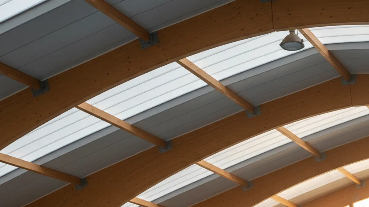 Image of a sports facility roof with sandwich panels and translucent polycarbonate strips.