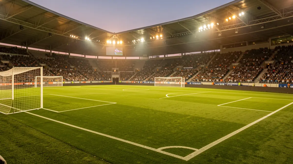 Imagen genérica de un campo de fútbol profesional al atardecer con luces de estadio.
