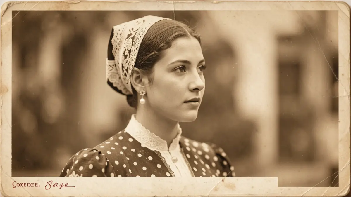 Postal antigua de una joven con traje tradicional andaluz, custodiada por el Centro Andaluz de Documentación del Flamenco.