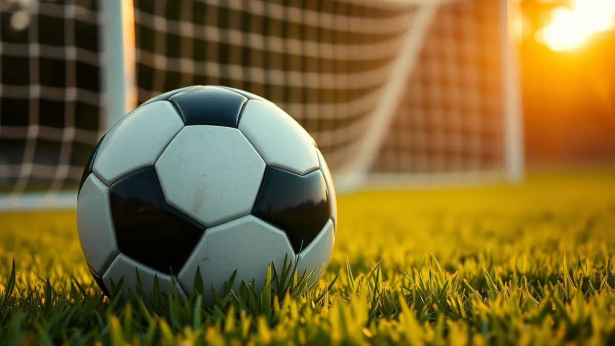 Generic image of a soccer ball on a grass field, with a blurred goal in the background.