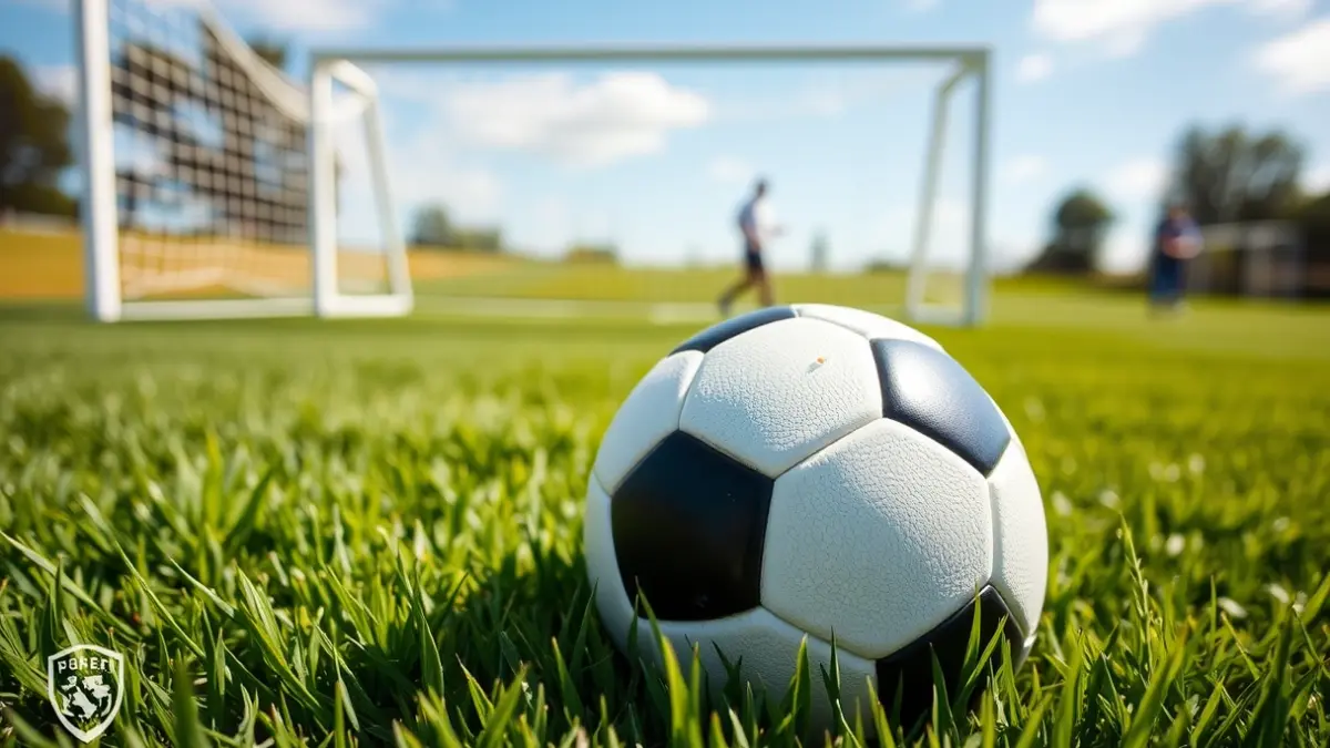 Generic image of a soccer ball on grass, with a blurred goal in the background.