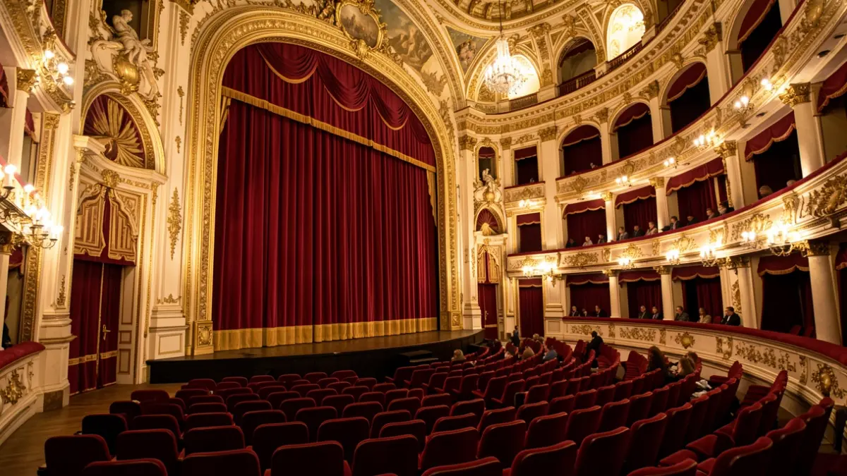 Interior del Gran Teatro de Córdoba con arquitectura barroca y asientos de terciopelo rojo.